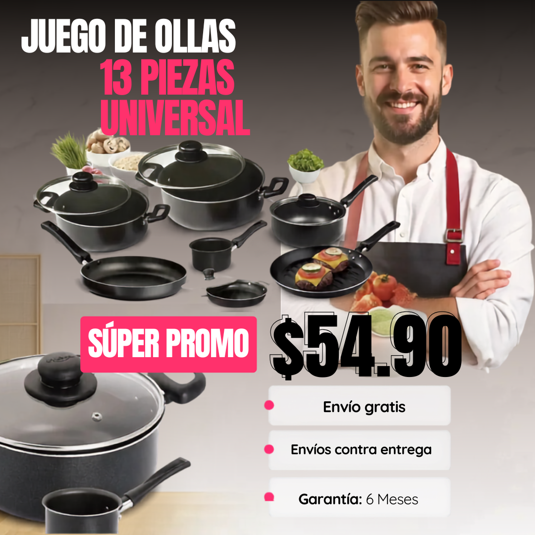 🔥 LIQUIDACIÓN DE STOCK: Juego De Ollas Universal 13 Piezas Antiadherente Color Negro 🍲🍚